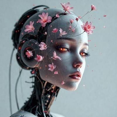The primary subject of the image is a woman with a futuristic, robotic appearance. She is wearing a headpiece adorned with pink flowers, giving her a unique and intriguing look. The setting is a white background, which provides a clean and minimalistic environment for the woman's striking visual. The visual style of the image is a combination of digital art and illustration, creating a surreal and captivating scene. The colors and mood of the image are predominantly pink and white